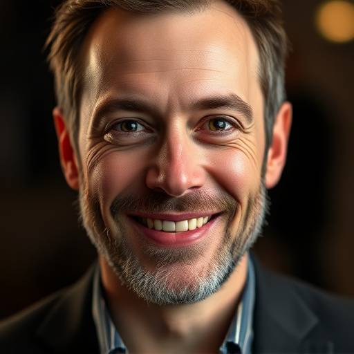 Portrait d'Antoine Lambert, un producteur de renom avec un sourire confiant et un regard attentif.