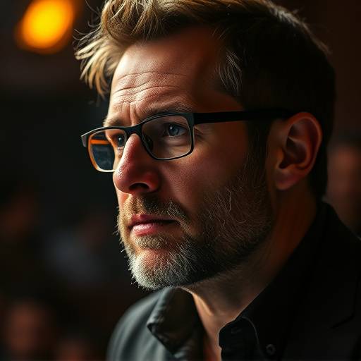 Portrait de Marc Duval, un compositeur de musique de film, avec une expression cr√©ative et passionn√©e.