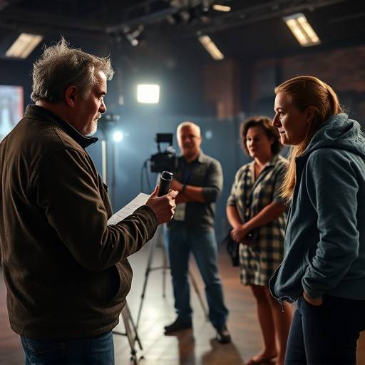 Un r√©alisateur donnant des instructions aux acteurs sur un plateau de tournage, repr√©sentant un cours de direction d'acteurs dynamique et interactif.