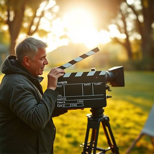 Un r√©alisateur utilisant un clap de cin√©ma sur un plateau de tournage ext√©rieur, symbolisant les aspects pratiques de la r√©alisation.