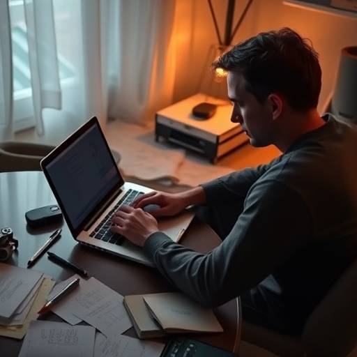 Une sc√©nariste travaillant sur un ordinateur portable avec des notes √©parpill√©es autour, repr√©sentant le processus cr√©atif de l'√©criture de sc√©nario.